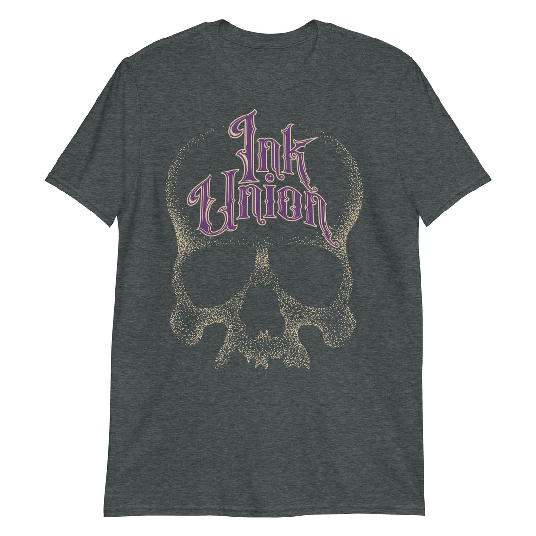 A dark grey t-shirt adorned with a gold dot work human skull  and the words Ink Union in fancy gold and purple lettering across the forehead of the skull.