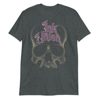 A dark grey t-shirt adorned with a gold dot work human skull  and the words Ink Union in fancy gold and purple lettering across the forehead of the skull.