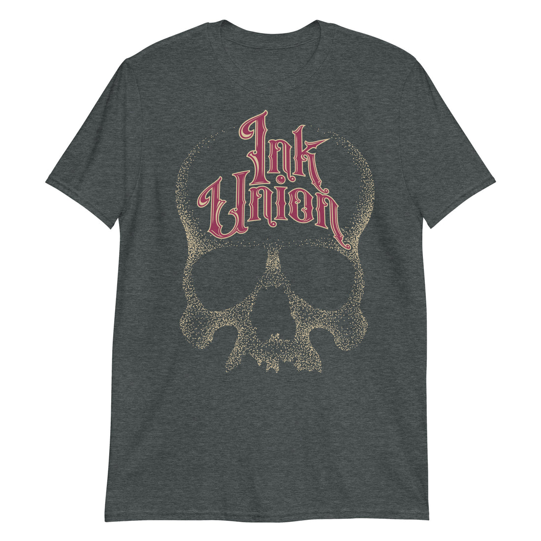 A dark grey t-shirt adorned with a gold dot work human skull  and the words Ink Union in fancy gold and red lettering across the forehead of the skull.