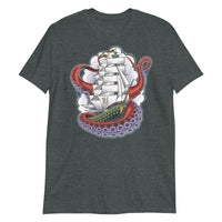 A dark grey t-shirt with an old-school clipper ship tattoo design in green and brown with white sails surrounded by octopus tentacles in shades of red with purple tentacles. Behind the ship are purple-tinged clouds.