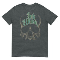 A dark grey t-shirt adorned with a gold dot work human skull  and the words Ink Union in fancy gold and green lettering across the forehead of the skull.