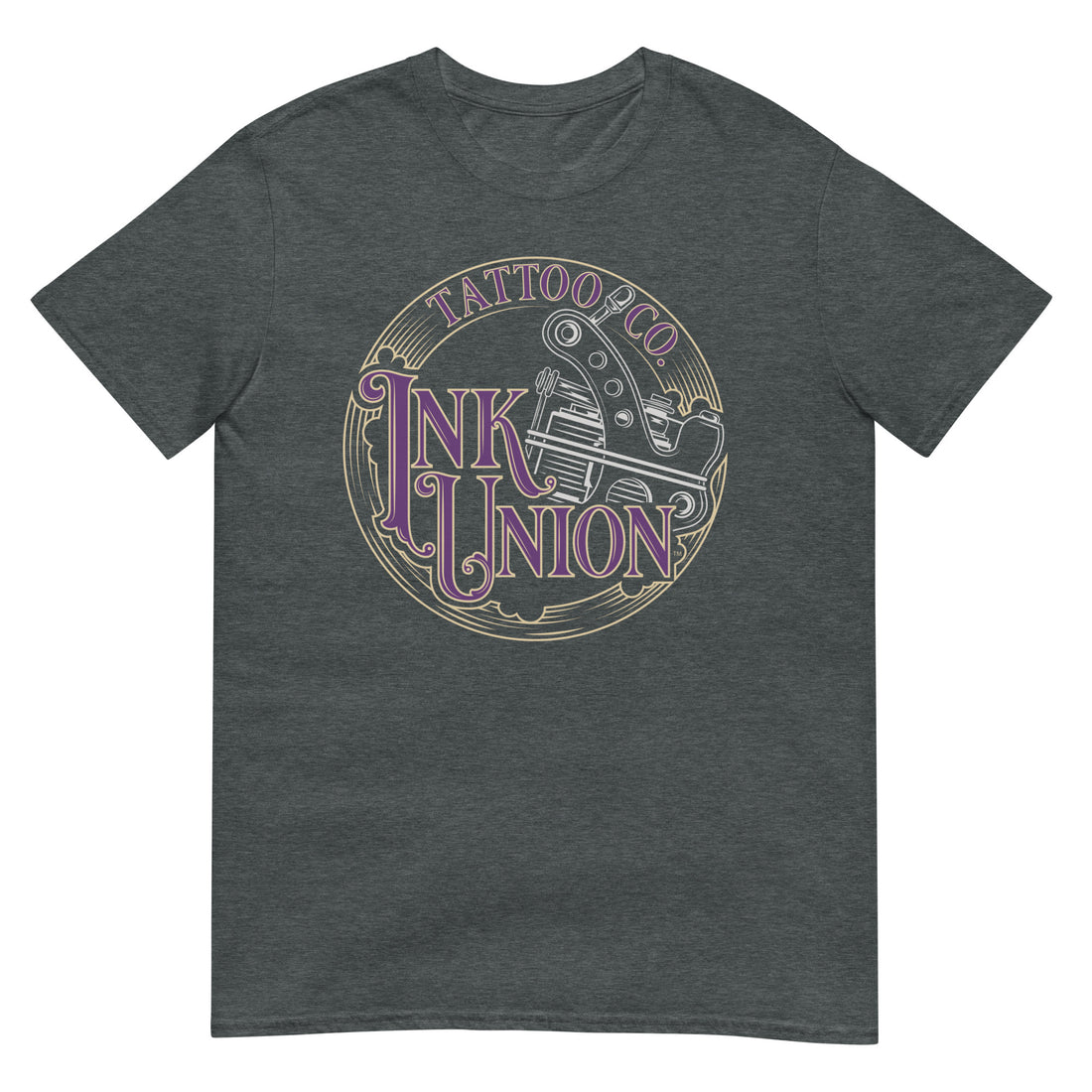 A dark grey t-shirt adorned with the Ink Union Tattoo Co. purple and gold with a silver tattoo machine logo.