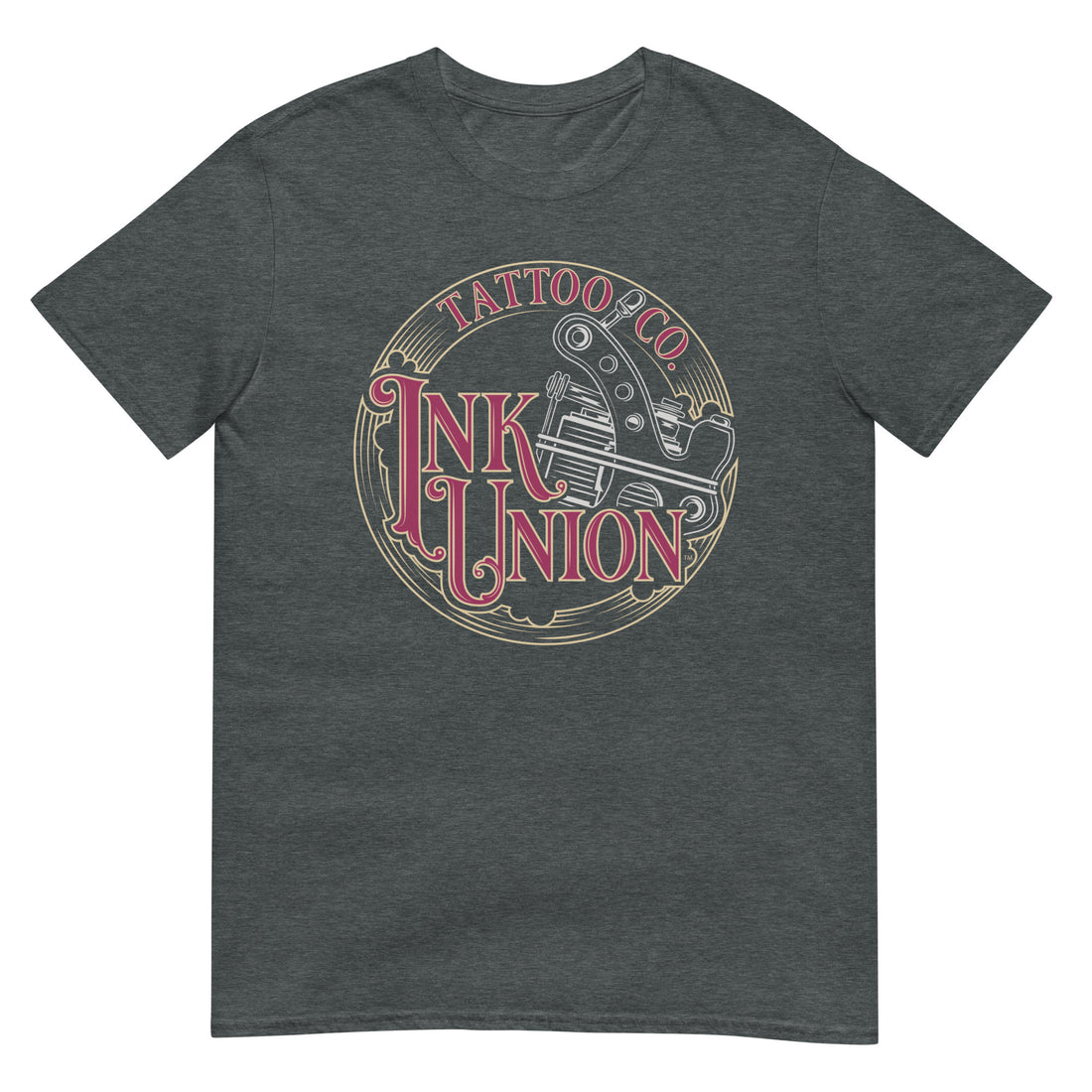 A dark grey t-shirt adorned with the Ink Union Tattoo Co. red and gold with a silver tattoo machine logo.