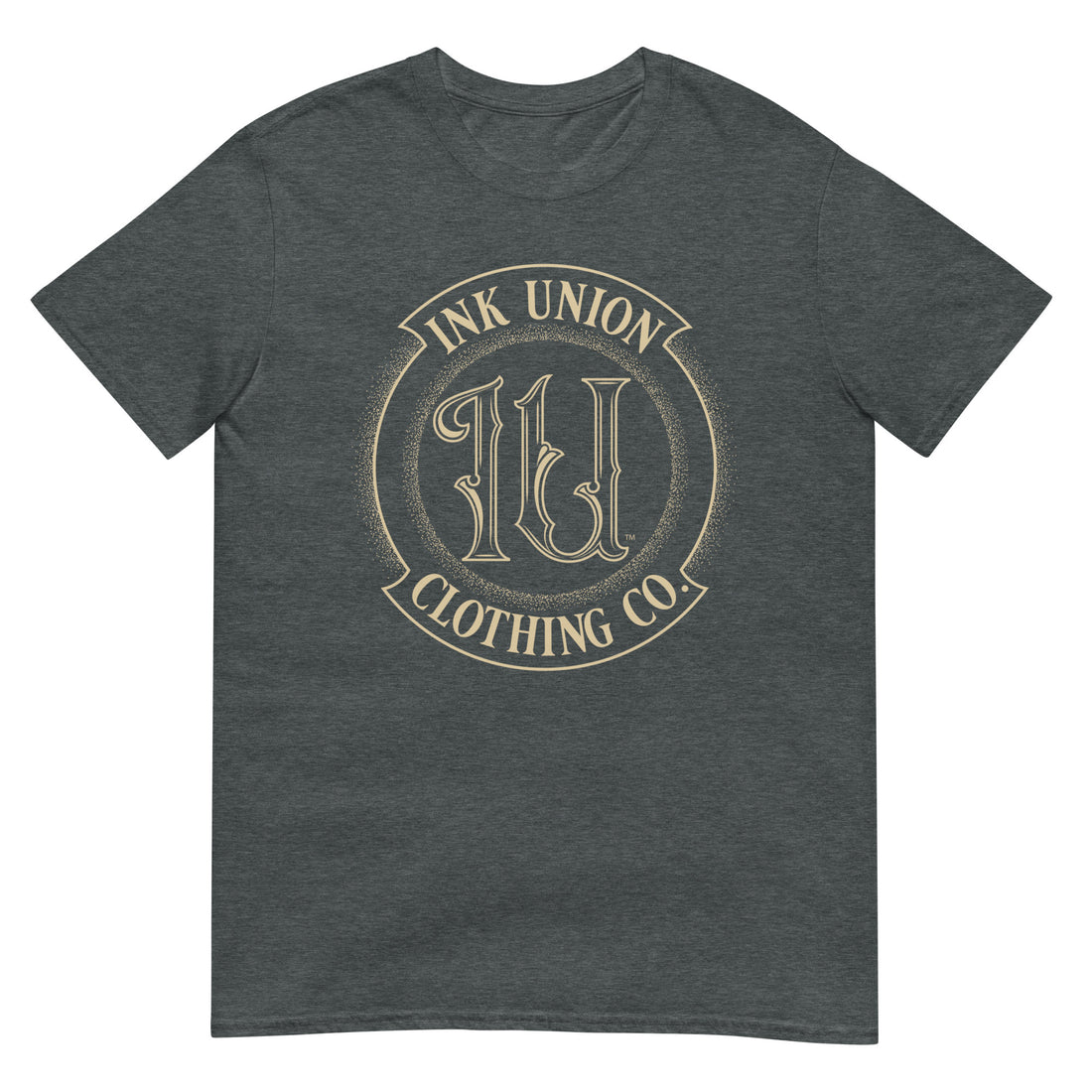 A dark grey t-shirt adorned with the Ink Union Clothing Co gold badge logo containing fancy lettering and dot work gradients.