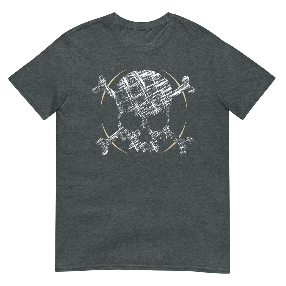 A dark grey t-shirt adorned with a roughly cross-hatched skull and crossbones in white.  Solid gold arcs give the image the impression of movement towards the end of the crossbones.