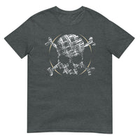 A dark grey t-shirt adorned with a roughly cross-hatched skull and crossbones in white.  Solid gold arcs give the image the impression of movement towards the end of the crossbones.