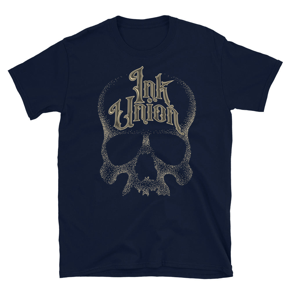 A navy blue t-shirt with a adorned with a gold dot work human skull and the words Ink Union in fancy gold and black lettering across the forehead of the skull.