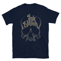 A navy blue t-shirt with a adorned with a gold dot work human skull and the words Ink Union in fancy gold and black lettering across the forehead of the skull.