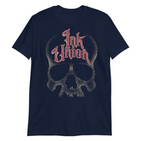 A navy blue t-shirt adorned with a gold dot work human skull and the words Ink Union in fancy gold and red lettering across the forehead of the skull.