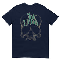 A navy blue t-shirt  adorned with a gold dot work human skull and the words Ink Union in fancy gold and green lettering across the forehead of the skull.