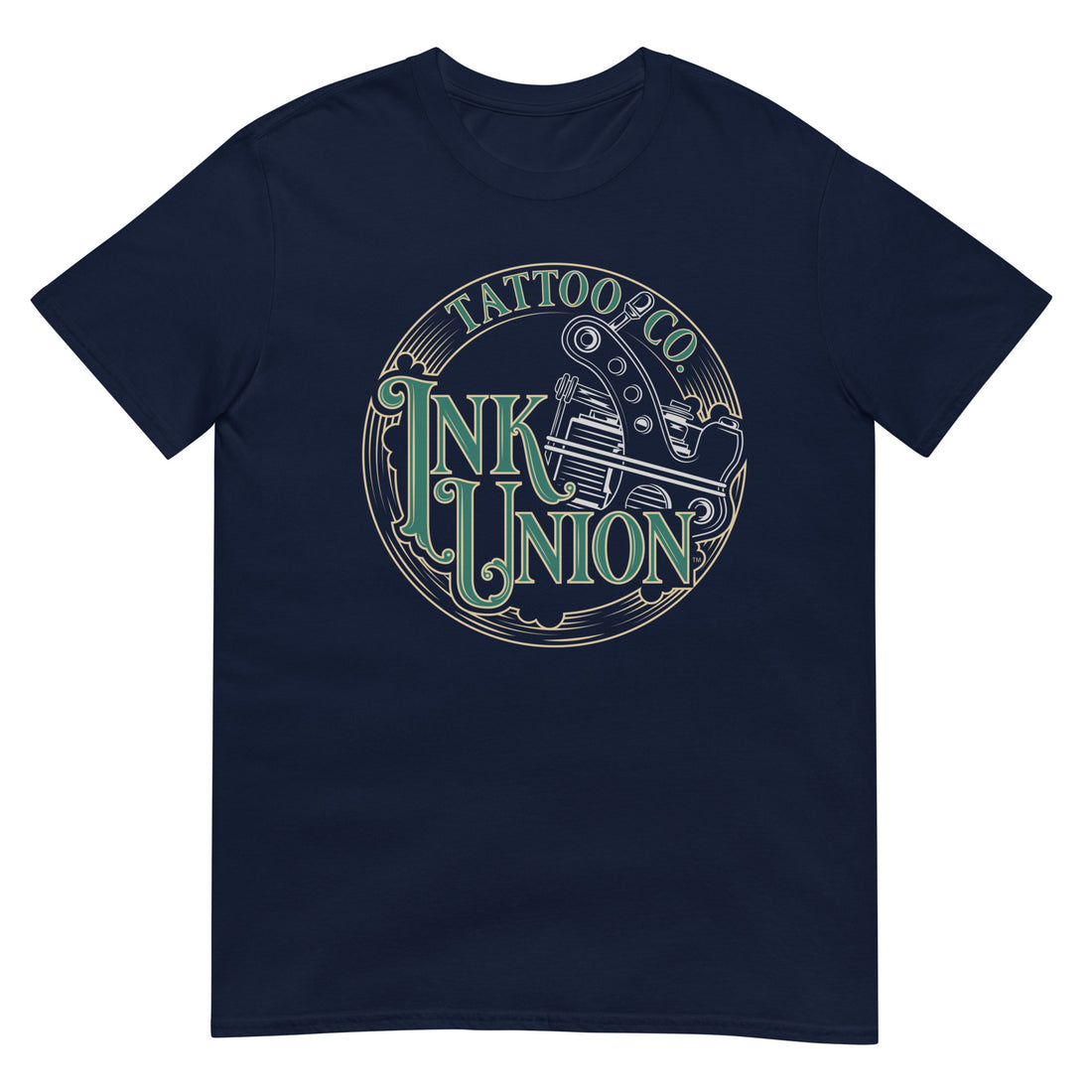 A navy blue t-shirt adorned with the Ink Union Tattoo Co. green and gold with a Silver tattoo machine logo.