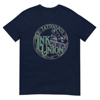 A navy blue t-shirt adorned with the Ink Union Tattoo Co. green and gold with a Silver tattoo machine logo.