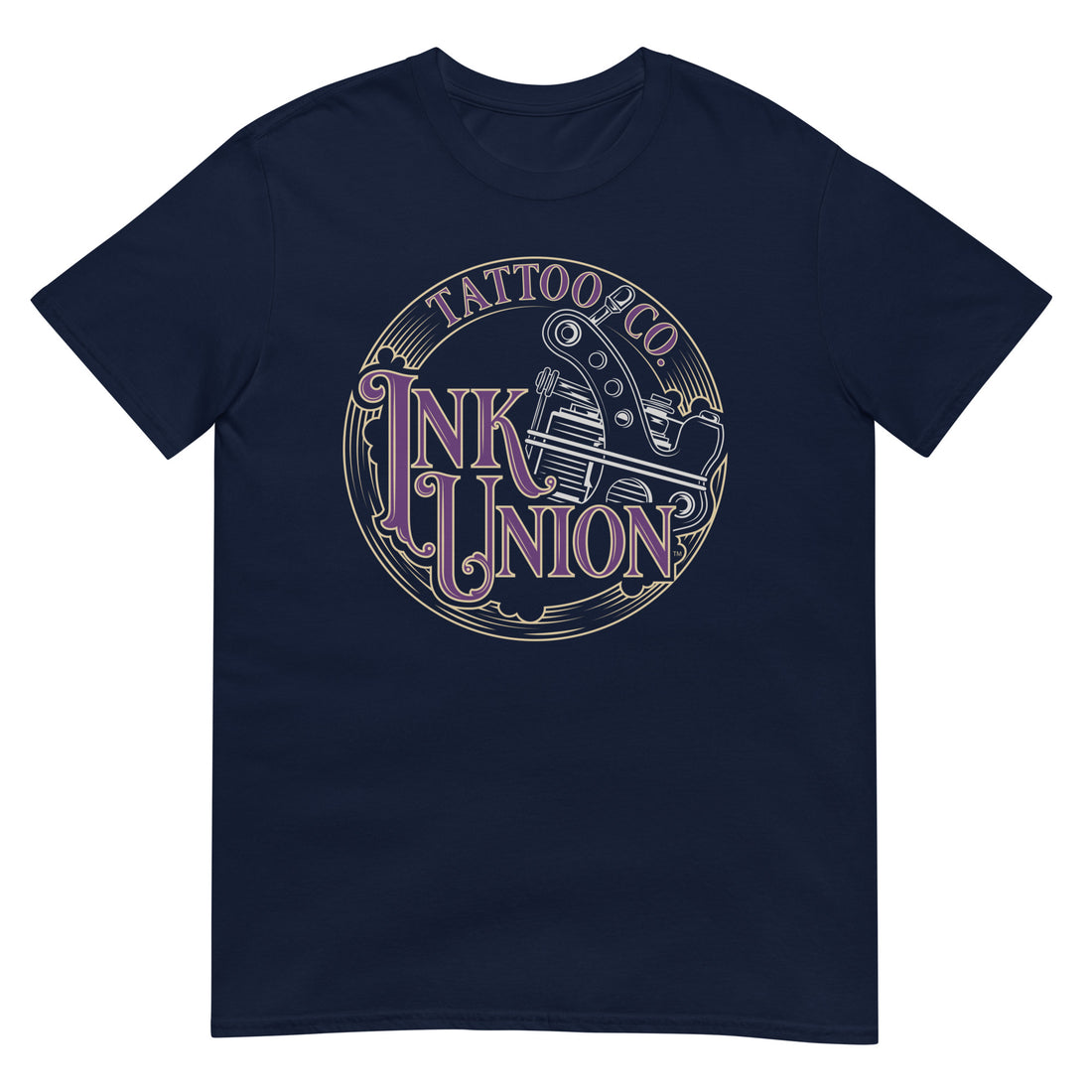 A navy-blue t-shirt adorned with the Ink Union Tattoo Co. purple and gold with a silver tattoo machine logo.