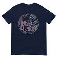 A navy-blue t-shirt adorned with the Ink Union Tattoo Co. purple and gold with a silver tattoo machine logo.