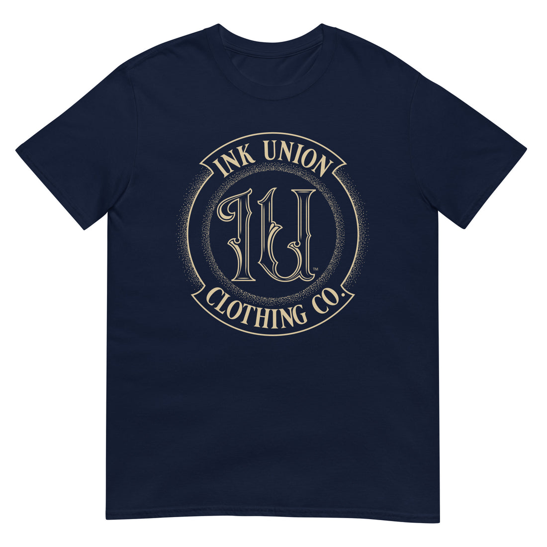 A navy blue t-shirt adorned with the Ink Union Clothing Co gold badge logo containing fancy lettering and dot work gradients.
