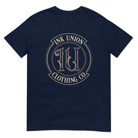 A navy blue t-shirt adorned with the Ink Union Clothing Co gold badge logo containing fancy lettering and dot work gradients.