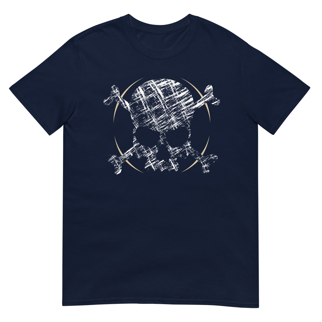 A navy blue t-shirt adorned with a roughly cross-hatched skull and crossbones in white.  Solid gold arcs give the image the impression of movement towards the end of the crossbones.