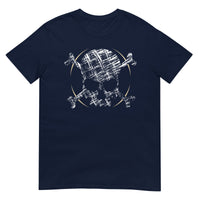 A navy blue t-shirt adorned with a roughly cross-hatched skull and crossbones in white.  Solid gold arcs give the image the impression of movement towards the end of the crossbones.