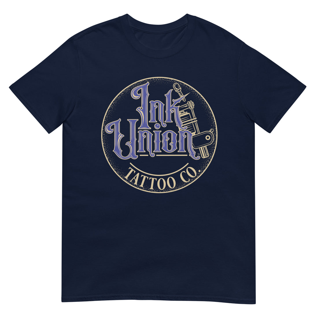 A navy blue t-shirt with a gold circle containing fancy lettering in blue and gold that says Ink Union and a gold tattoo machine peeking out from behind on the right side.  There is a dot work gradient inside the circle, and the words Tattoo Co. in gold are at the bottom of the design.