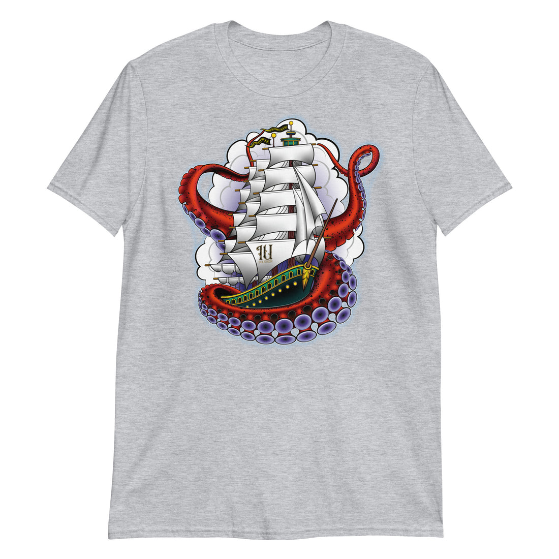 A light grey t-shirt with an old-school clipper ship tattoo design in green and brown with white sails surrounded by octopus tentacles in shades of red with purple tentacles. Behind the ship are purple-tinged clouds.