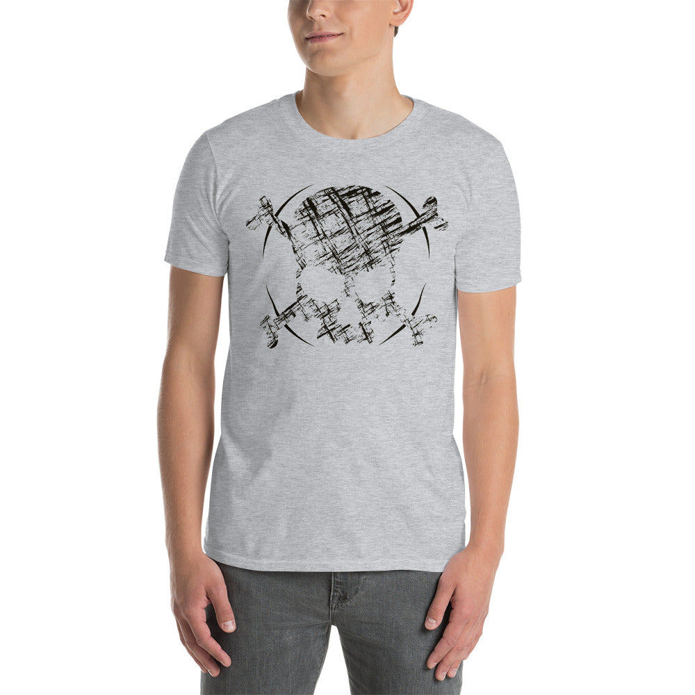 An attractive man is wearing a light grey t-shirt adorned with roughly a cross-hatched skull and crossbones in black.  Solid black arcs give the image the impression of movement towards the end of the crossbones.