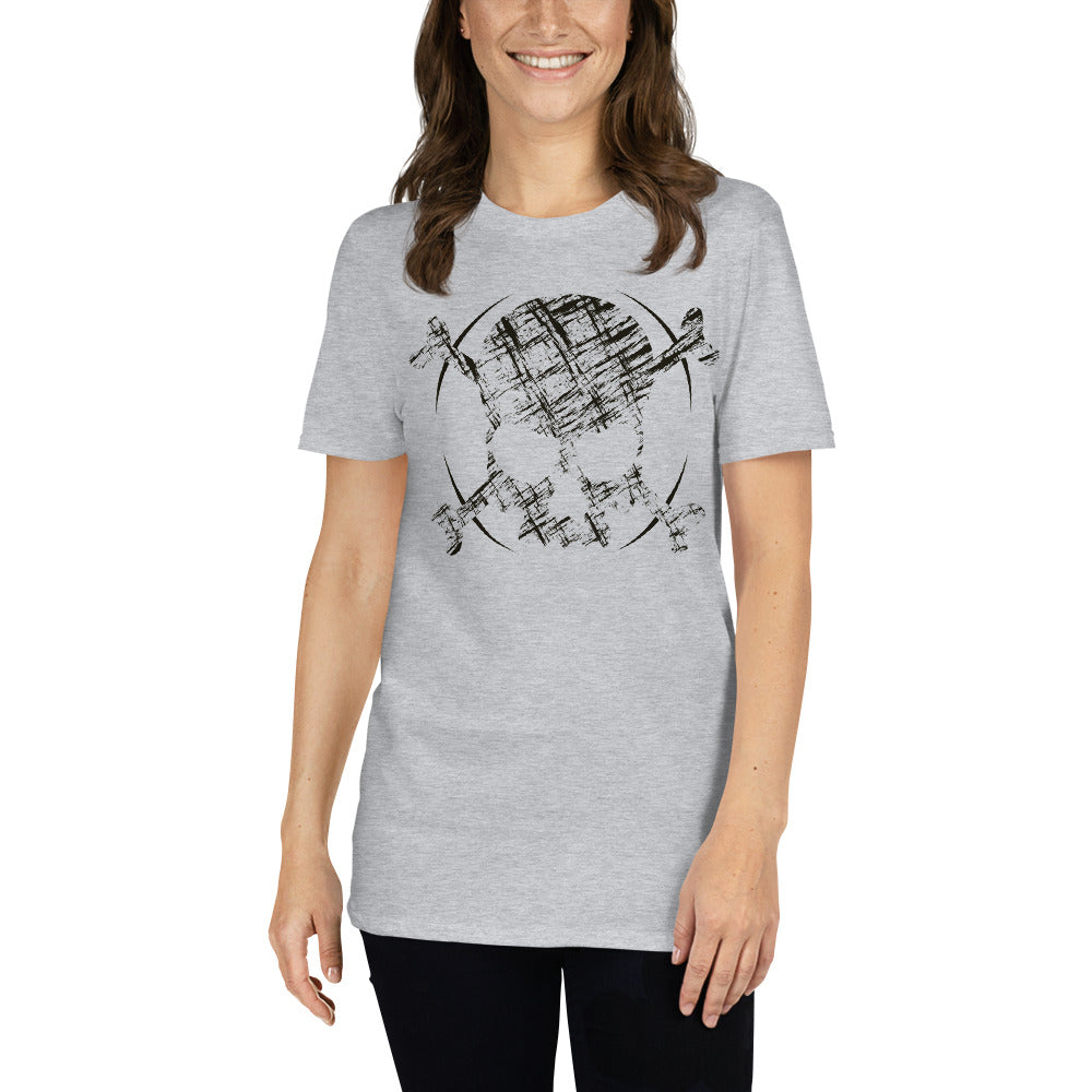 An attractive woman is wearing a light grey t-shirt adorned with a roughly cross-hatched skull and crossbones in black.  Solid black arcs give the image the impression of movement towards the end of the crossbones.