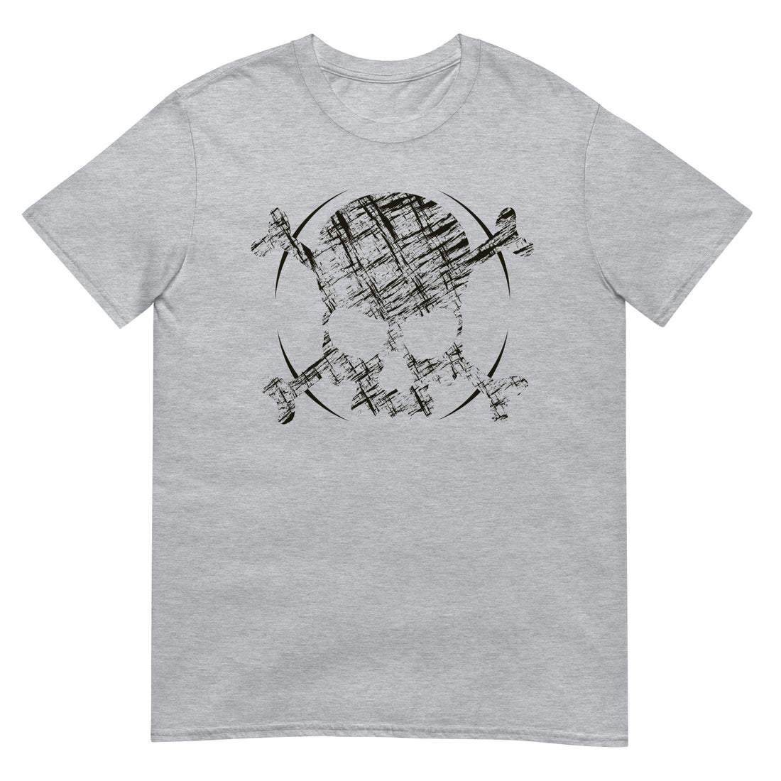 A light grey t-shirt adorned with a roughly cross-hatched skull and crossbones in black.  Solid black arcs give the image the impression of movement towards the end of the crossbones.