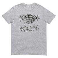 A light grey t-shirt adorned with a roughly cross-hatched skull and crossbones in black.  Solid black arcs give the image the impression of movement towards the end of the crossbones.