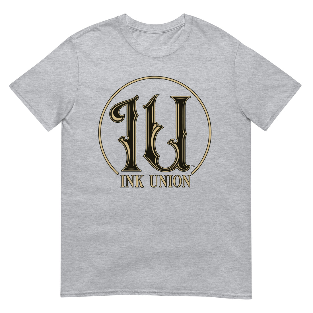 Ink Union Clothing Co. light grey t-shirt featuring the Ink Union ring logo in black and gold.