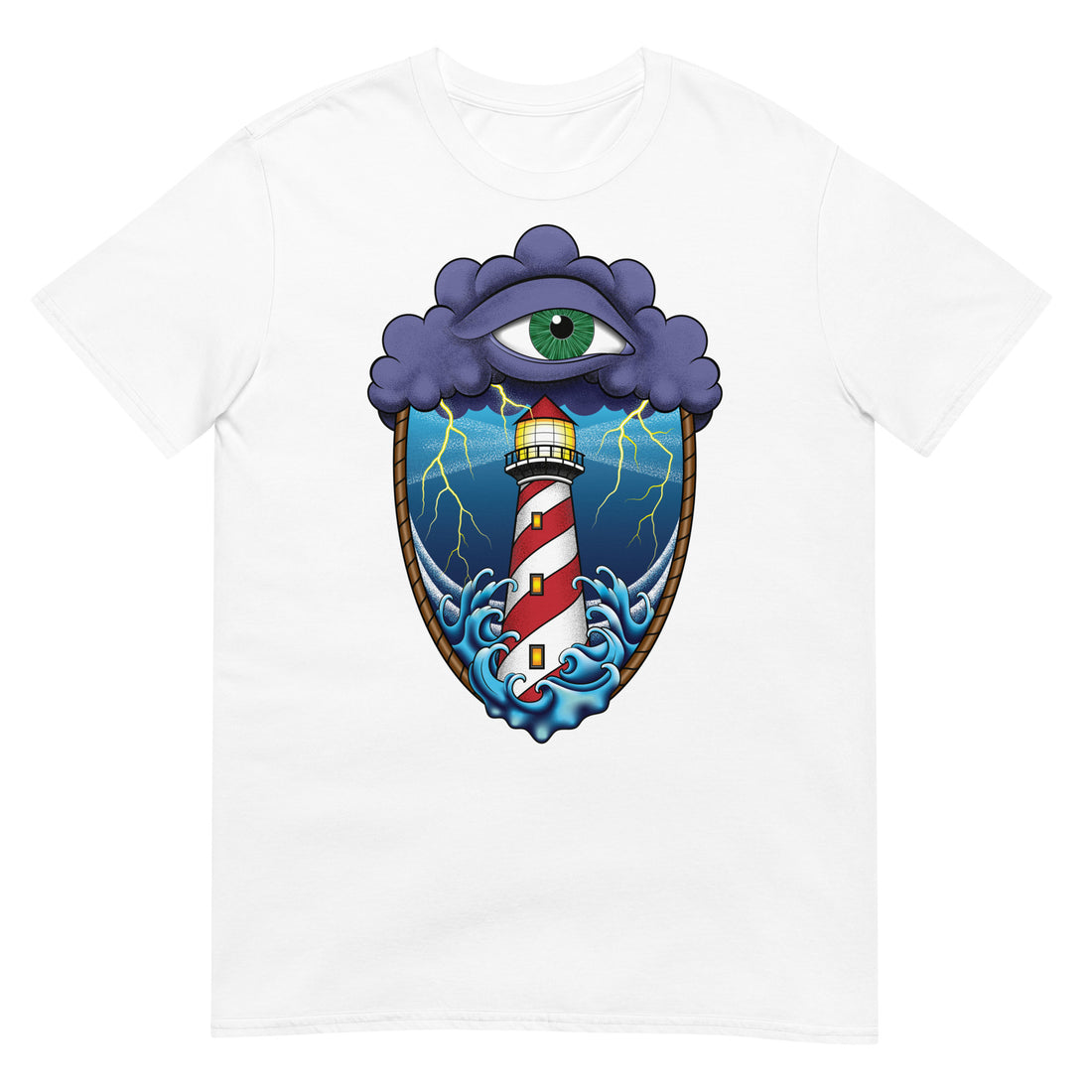 A white t-shirt with an old school eye of the storm tattoo design of large dark purple storm clouds at the top of the design with a green eye in the middle of the clouds.  Below the clouds is an oval shape with brown rope. Inside the rope are stormy seas and a lighthouse with lightning striking in the background.  At the bottom of the design, some of the waves are spilling out of the rope barrier. The sky and seas are hues of blue; the lighthouse is white and red striped like a barber pole.