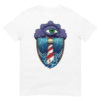 A white t-shirt with an old school eye of the storm tattoo design of large dark purple storm clouds at the top of the design with a green eye in the middle of the clouds.  Below the clouds is an oval shape with brown rope. Inside the rope are stormy seas and a lighthouse with lightning striking in the background.  At the bottom of the design, some of the waves are spilling out of the rope barrier. The sky and seas are hues of blue; the lighthouse is white and red striped like a barber pole.
