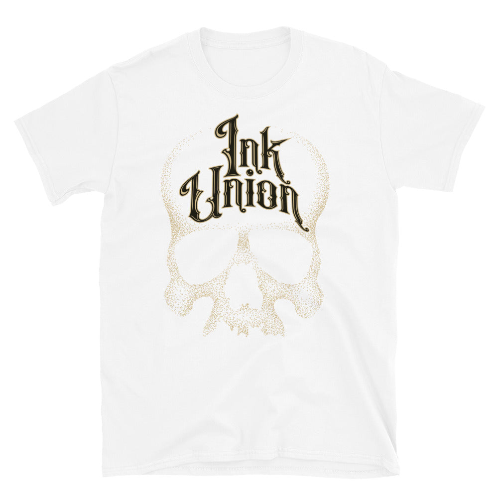 A white t-shirt adorned with a gold dot work human skull  and the words Ink Union in fancy gold and black lettering across the forehead of the skull.