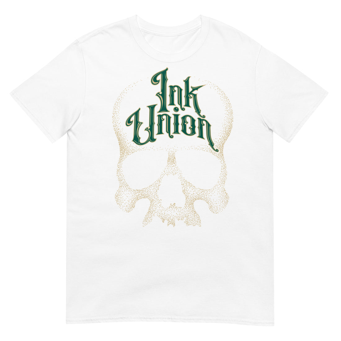 A white t-shirt adorned with a gold dot work human skull  and the words Ink Union in fancy gold and green lettering across the forehead of the skull.
