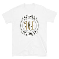 A white t-shirt with the Ink Union Clothing Co Badge logo in black and gold centered on the front of the shirt.