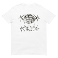A white t-shirt adorned with a roughly cross-hatched skull and crossbones in black.  Solid black arcs give the image the impression of movement towards the end of the crossbones.