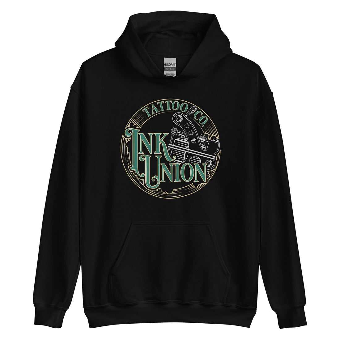 A black hoodie with a gold circle containing fancy lettering in green and gold that says Ink Union and a gold tattoo machine peeking out from behind on the right side.  There is a dot work gradient inside the circle, and the words Tattoo Co. in gold are at the bottom of the design.