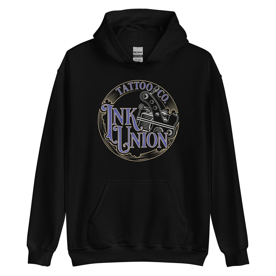 A black hoodie adorned with the Ink Union Tattoo Co. blue and gold with a silver tattoo machine logo.