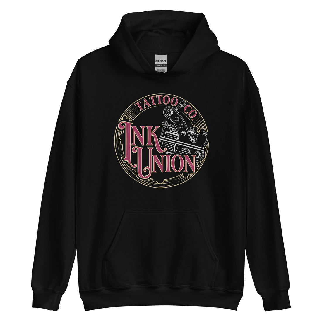 A black hoodie adorned with the Ink Union Tattoo Co. red and gold with a silver tattoo machine logo.