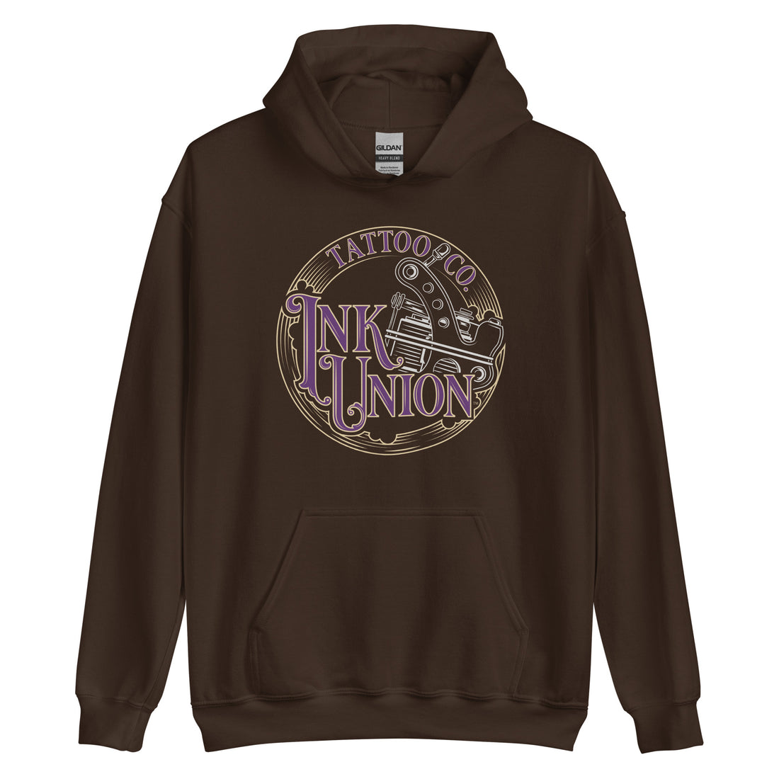 A dark brown hoodie adorned with the Ink Union Tattoo Co.  purple and gold with a silver tattoo machine logo.