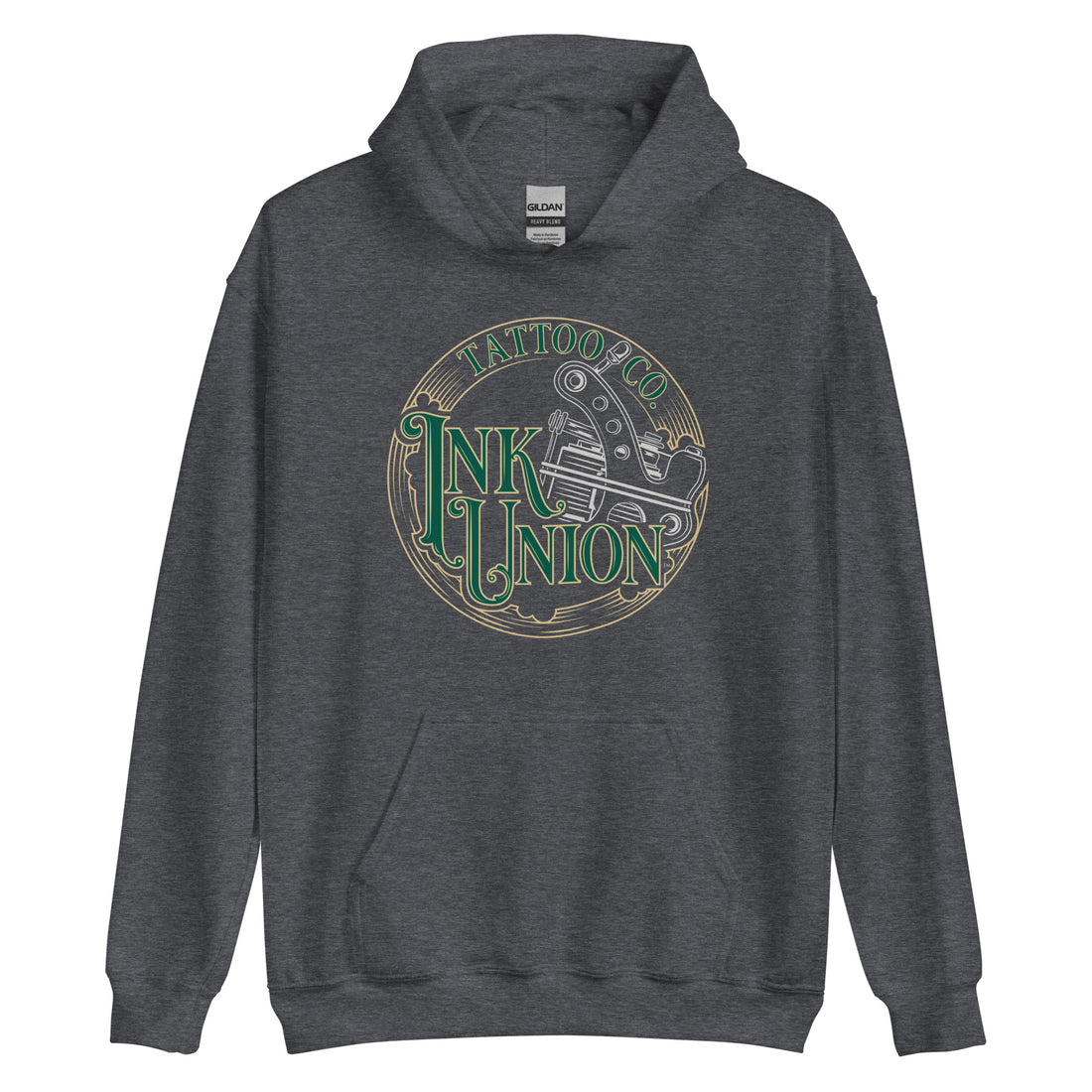 A dark grey  hoodie with a gold circle containing fancy lettering in green and gold that says Ink Union and a gold tattoo machine peeking out from behind on the right side.  There is a dot work gradient inside the circle, and the words Tattoo Co. in gold are at the bottom of the design.