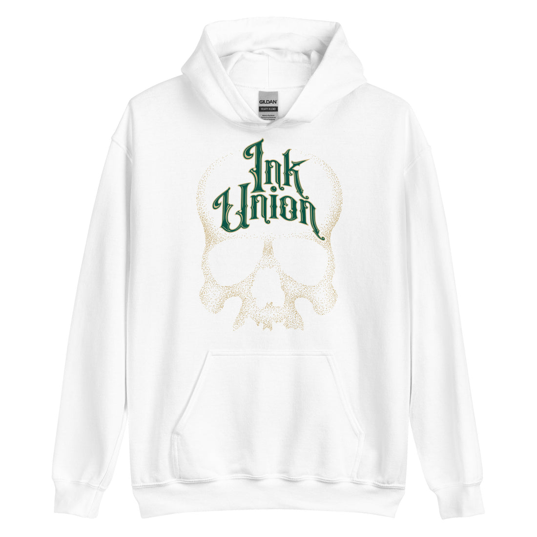A white hoodie adorned with a gold dot work human skull and the words Ink Union in fancy gold and green lettering across the forehead of the skull.