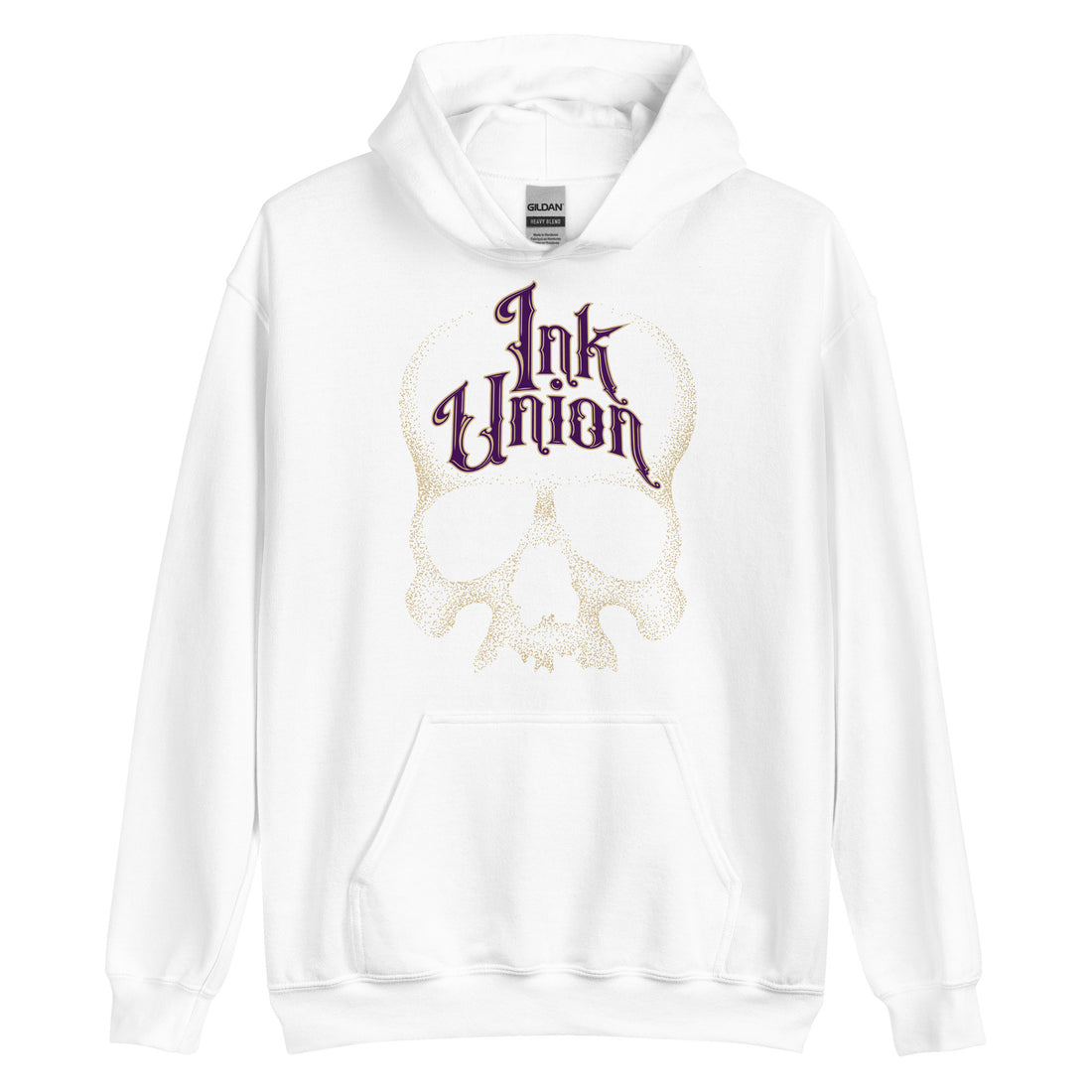 A white hoodie adorned with a gold dot work human skull and the words Ink Union in fancy gold and purple lettering across the forehead of the skull.