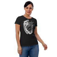 A woman wearing a black t-shirt with a white grenade that is partially morphed into an anatomical heart.