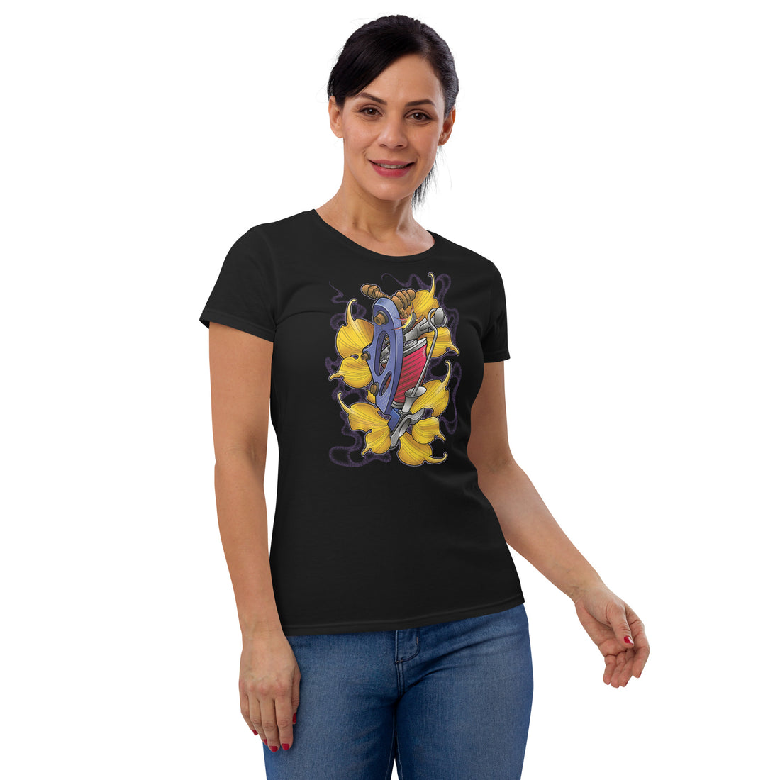 An attractive woman wearing a black t-shirt with a bed of yellow ginkgo leaves and a blue tattoo machine popping out of the leaves. There is a purple mist in the background.
