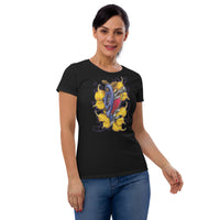 An attractive woman wearing a black t-shirt with a bed of yellow ginkgo leaves and a blue tattoo machine popping out of the leaves. There is a purple mist in the background.