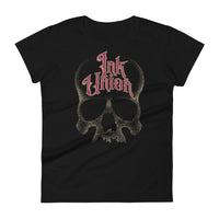 A black t-shirt with a gold dot work human skull and the words Ink Union in fancy gold and red lettering across the forehead of the skull.