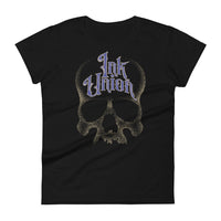 A black t-shirt background with a gold dot work human skull and the words Ink Union in fancy gold and blue lettering across the forehead of the skull.