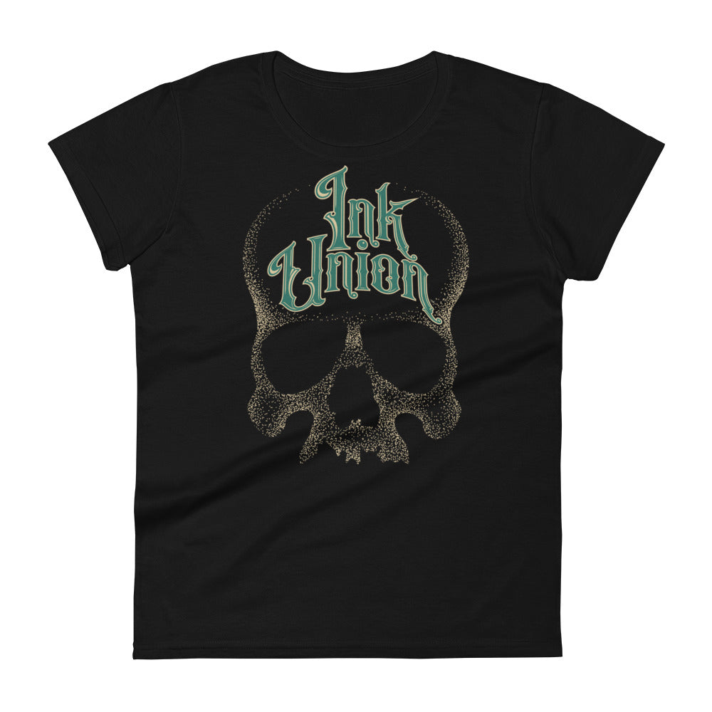 A black t-shirt  adorned with a gold dot work human skull and the words Ink Union in fancy gold and green lettering across the forehead of the skull.