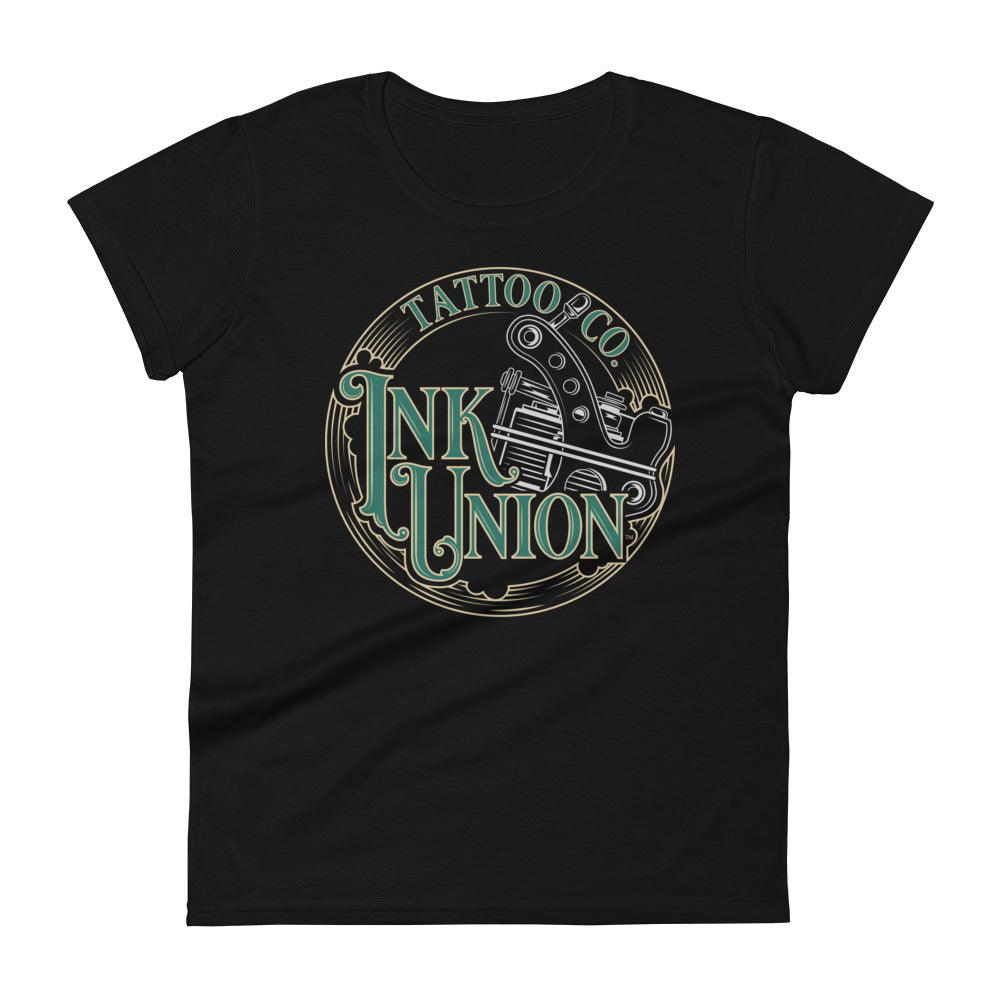 A black t-shirt adorned with the Ink Union Tattoo Co. green and gold with a Silver tattoo machine logo.
