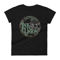 A black t-shirt adorned with the Ink Union Tattoo Co. green and gold with a Silver tattoo machine logo.